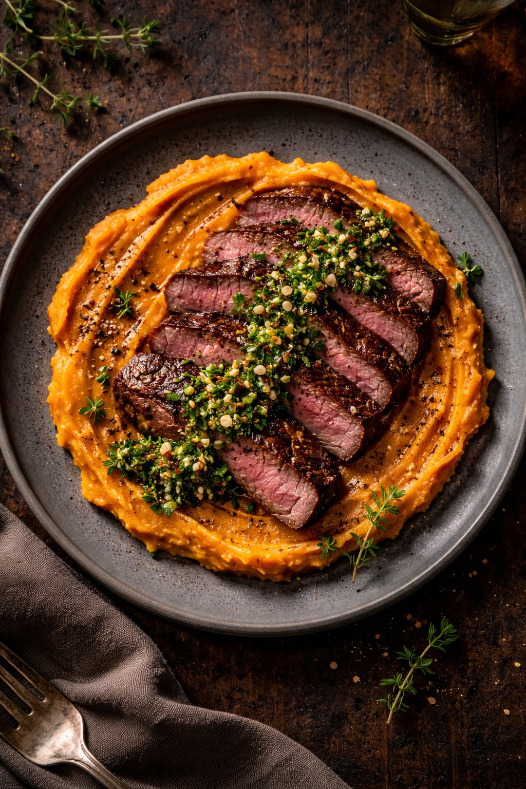Chimichurri Steak with Sweet Potato Mash