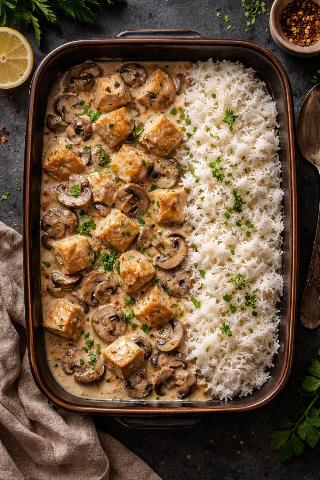 Creamy Garlic Mushroom Chicken with Rice