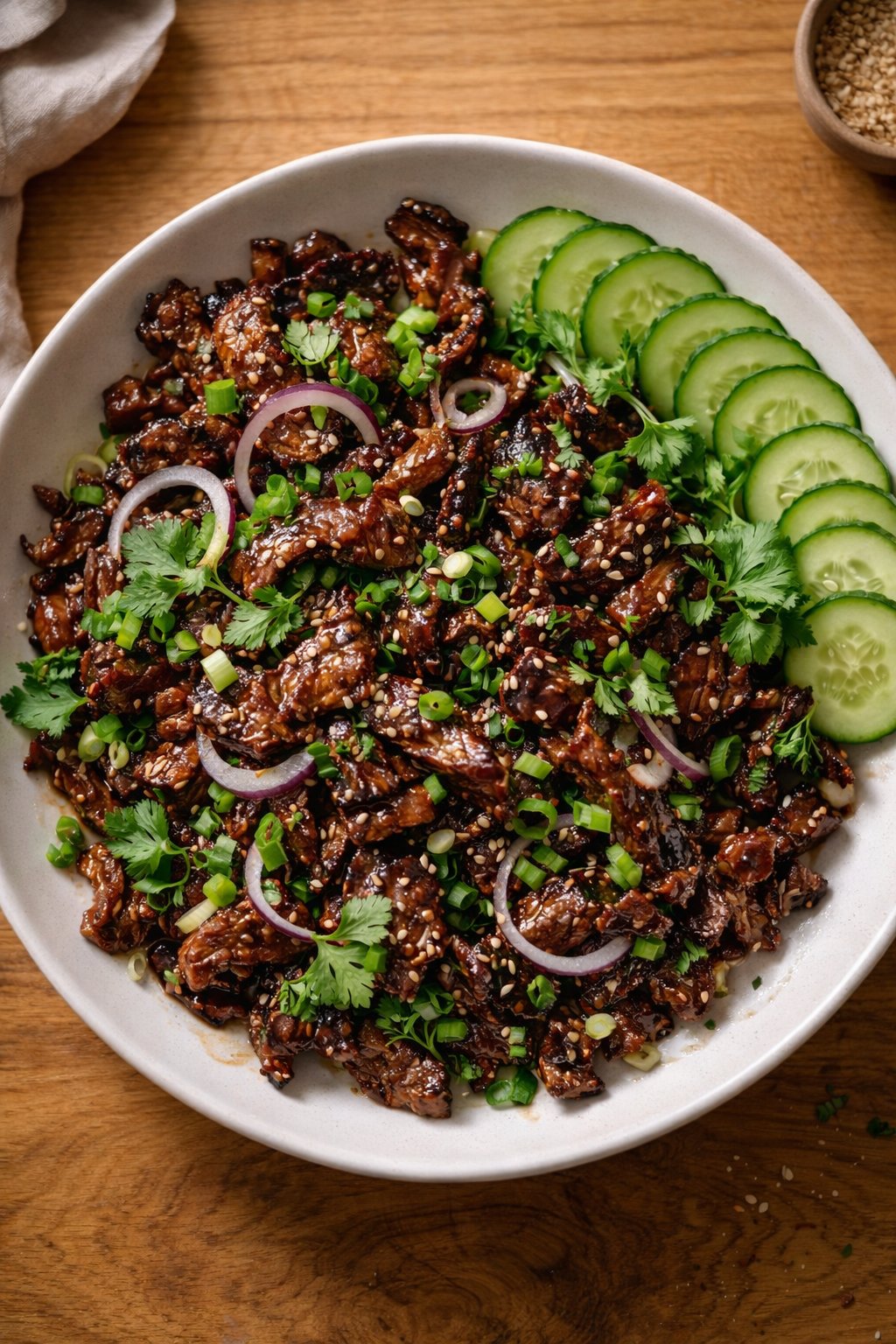 Sticky Sesame Beef with Crunchy Cucumber